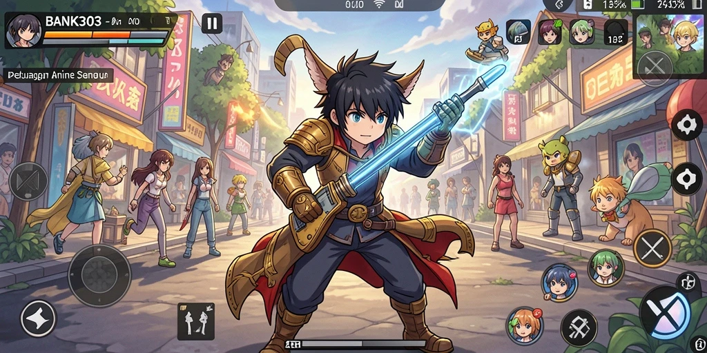 Screenshot gameplay BANK303 menampilkan aksi epik dan karakter anime yang dinamis.