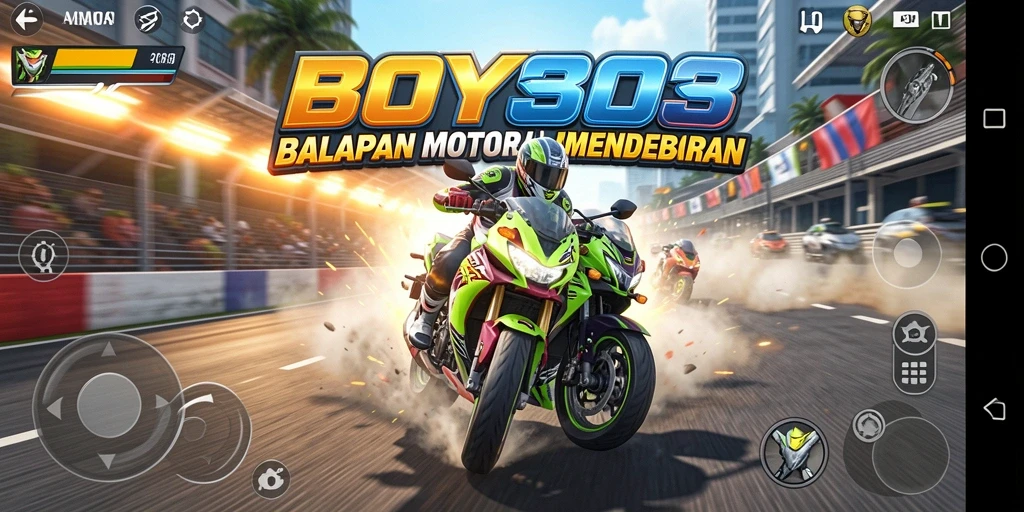 Screenshot gameplay BOY303 menampilkan aksi balapan yang mendebarkan.