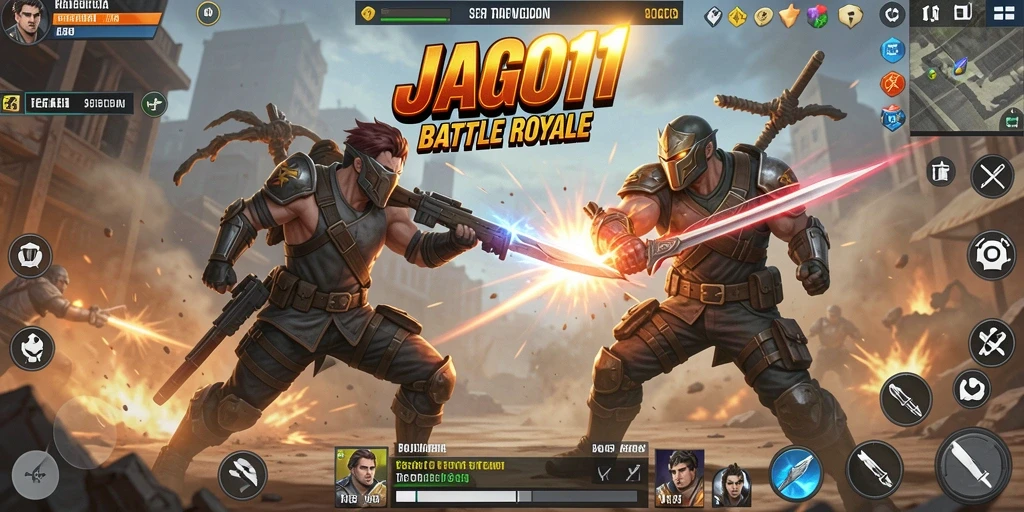 Screenshot dari gameplay JAGO11 yang menunjukkan pertempuran epik Battle Royale.