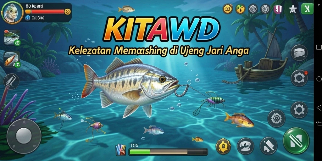 Screenshot gameplay KITAWD menunjukkan pemain sedang memancing di danau yang indah.