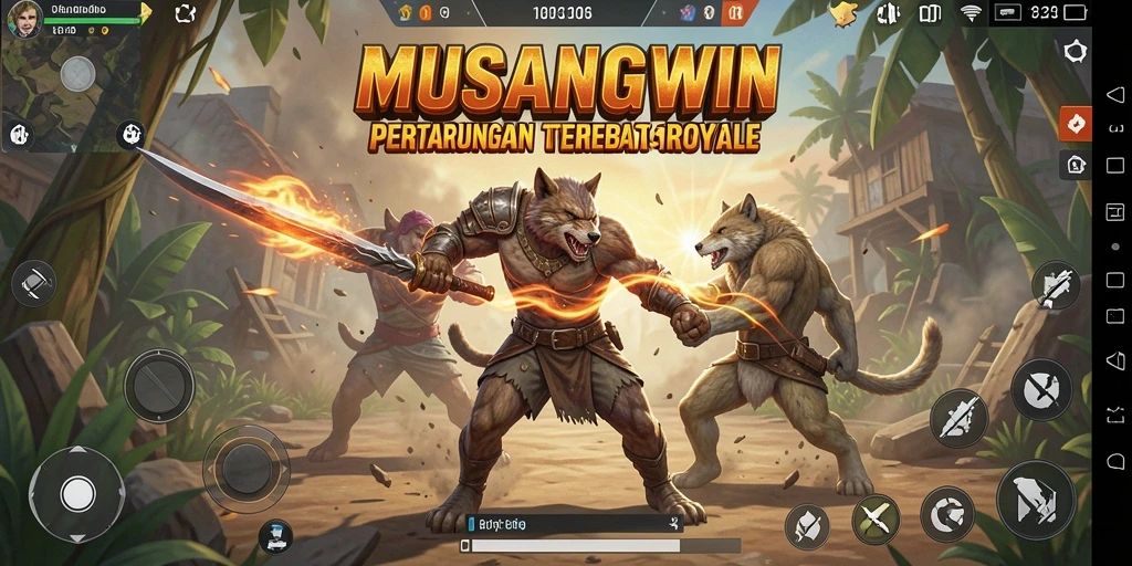 Tampilan dinamis pertarungan intens di arena Battle Royale MUSANGWIN.